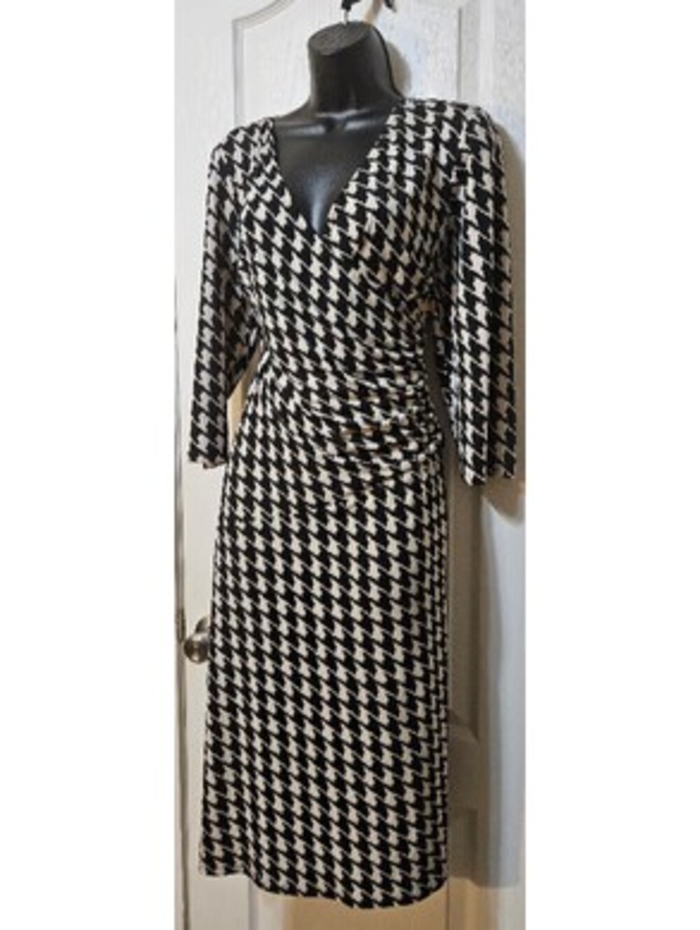 Evan Picone Wrap Dress 14W Black White Houndstooth Career Chic